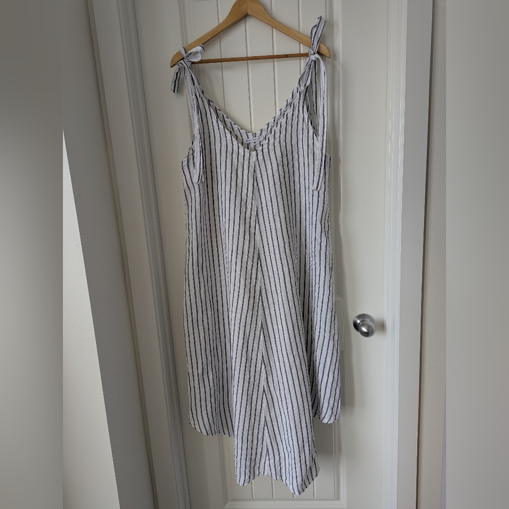 Linen Maxi Summer Beach Dress Navy And White Striped With Tie Shoulders Medium